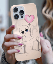 Artistic phone case showing a small white ghost sitting on a colorful park bench under dark trees and a golden autumn sky. The expressive paint-splatter background adds a melancholy, indie-goth vibe perfect for art lovers and spooky-season fans.