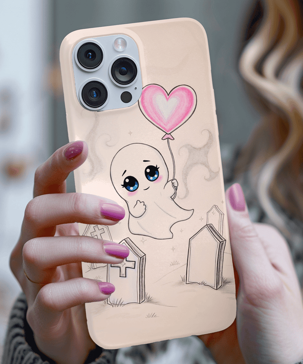 Artistic phone case showing a small white ghost sitting on a colorful park bench under dark trees and a golden autumn sky. The expressive paint-splatter background adds a melancholy, indie-goth vibe perfect for art lovers and spooky-season fans.