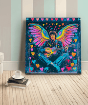Colorful pop art canvas of a man with angel wings playing a guitar, surrounded by bright neon hearts on a dark background. The piece blends psychedelic and bohemian styles, evoking peace, love, and creativity — perfect for music lovers and retro art fans.