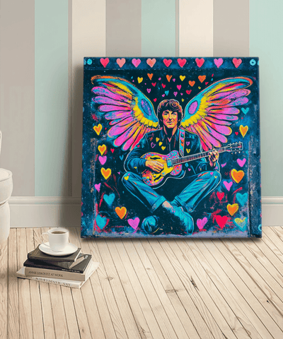 Colorful pop art canvas of a man with angel wings playing a guitar, surrounded by bright neon hearts on a dark background. The piece blends psychedelic and bohemian styles, evoking peace, love, and creativity — perfect for music lovers and retro art fans.