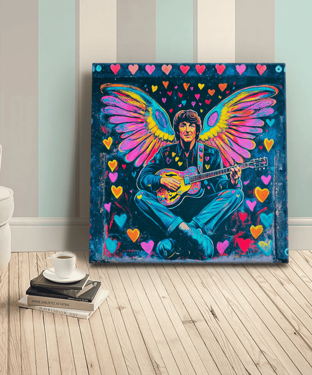 Colorful pop art canvas of a man with angel wings playing a guitar, surrounded by bright neon hearts on a dark background. The piece blends psychedelic and bohemian styles, evoking peace, love, and creativity — perfect for music lovers and retro art fans.