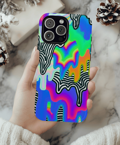 Bold and colorful phone case featuring a psychedelic drip design with bright rainbow gradients blending into black and white zebra-like stripes. The fluid, melting pattern creates a surreal, vibrant look perfect for lovers of bold, trippy, and artistic aesthetics.