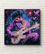 Vibrant neon pop art painting of a musician passionately playing an electric guitar surrounded by colorful stars, notes, and cosmic energy. The scene glows with psychedelic purples, pinks, and blues — a perfect statement piece for music fans and retro art lovers.
