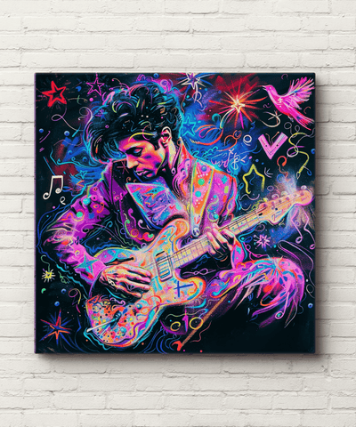 Vibrant neon pop art painting of a musician passionately playing an electric guitar surrounded by colorful stars, notes, and cosmic energy. The scene glows with psychedelic purples, pinks, and blues — a perfect statement piece for music fans and retro art lovers.