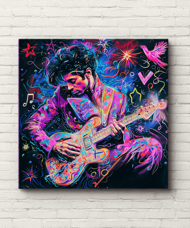 Vibrant neon pop art painting of a musician passionately playing an electric guitar surrounded by colorful stars, notes, and cosmic energy. The scene glows with psychedelic purples, pinks, and blues — a perfect statement piece for music fans and retro art lovers.