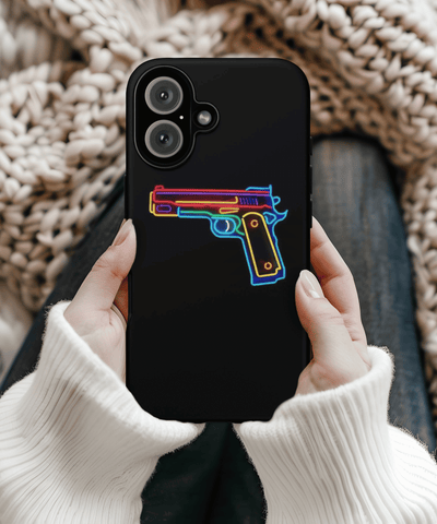 Black phone case featuring a vibrant neon outline of a handgun in rainbow colors. The glowing design contrasts sharply with the dark background, giving it a bold cyberpunk and edgy aesthetic.