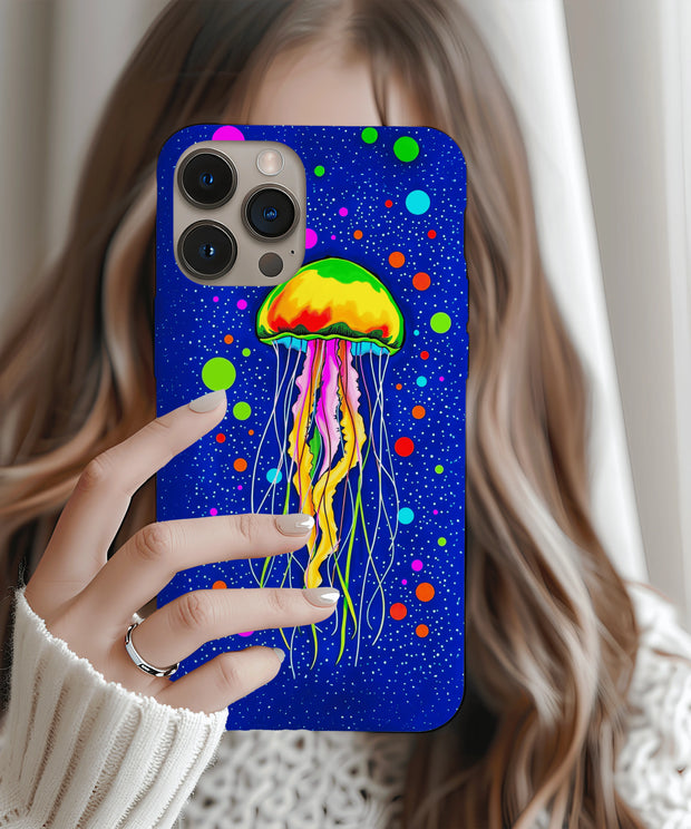A vibrant jellyfish phone case featuring a neon rainbow jellyfish floating in a deep blue cosmic sea with colorful dots and glowing underwater details, creating a trippy, dreamy ocean aesthetic.