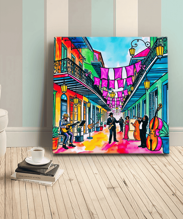 Vibrant art print of a colorful New Orleans street scene with jazz musicians performing among rainbow-painted buildings, French balconies, and festive hanging banners. Captures the energy and rhythm of Louisiana’s lively French Quarter.