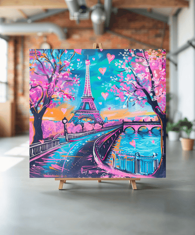 Colorful canvas art featuring the Eiffel Tower in bright neon shades of pink, turquoise, and lavender, with heart accents and a dreamy sunset sky. The romantic Paris scene captures a whimsical, modern vibe perfect for aesthetic home décor or travel lovers.
