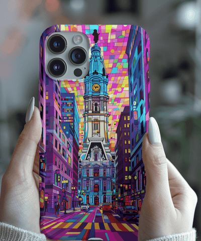 Bold and colorful phone case featuring Philadelphia’s City Hall in a neon geometric art style. The vivid design uses bright shades of pink, purple, blue, and yellow to create a modern urban aesthetic perfect for city lovers and travel-inspired tech accessories.