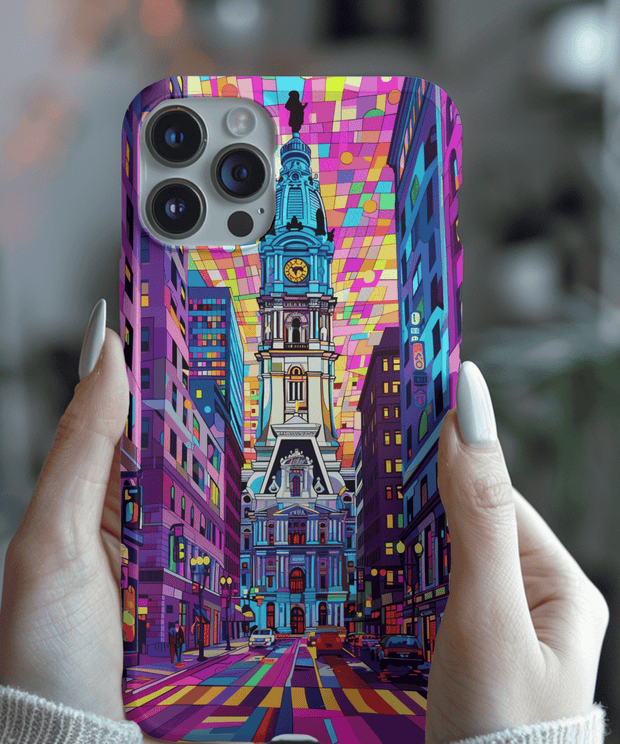 Bold and colorful phone case featuring Philadelphia’s City Hall in a neon geometric art style. The vivid design uses bright shades of pink, purple, blue, and yellow to create a modern urban aesthetic perfect for city lovers and travel-inspired tech accessories.