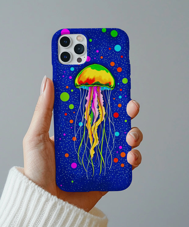 A vibrant jellyfish phone case featuring a neon rainbow jellyfish floating in a deep blue cosmic sea with colorful dots and glowing underwater details, creating a trippy, dreamy ocean aesthetic.
