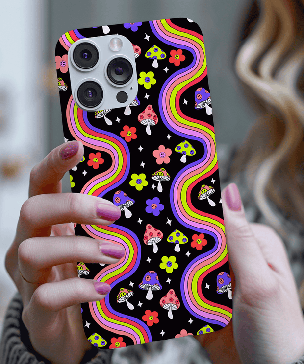 Colorful retro phone case featuring rainbow wavy lines, smiley face mushrooms, and bright flowers on a black background. Funky 70s-inspired psychedelic design with pink, purple, yellow, and green accents, perfect for groovy vintage lovers and bold aesthetics.