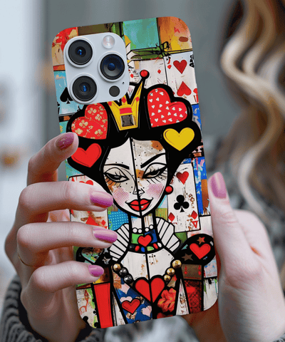 Vibrant phone case featuring a pop art interpretation of the Queen of Hearts with bold red, yellow, and black shapes, geometric lines, and colorful collage textures. A striking modern design perfect for art lovers and bold personalities.