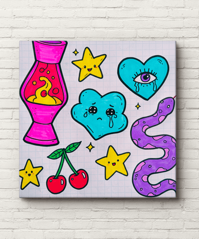 Playful pastel canvas art featuring a bright pink lava lamp, yellow smiling stars, crying cloud, cherries, and a purple squiggle, all drawn in a cute doodle notebook style. Perfect for fans of retro 90s, kawaii, and Y2K-inspired decor.