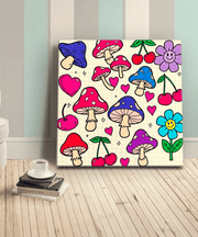 Whimsical canvas art featuring red, purple, and blue mushrooms surrounded by pink hearts, smiling flowers, and cherries. The bold doodle-style design adds a cheerful, retro pop aesthetic perfect for eclectic or playful decor spaces.