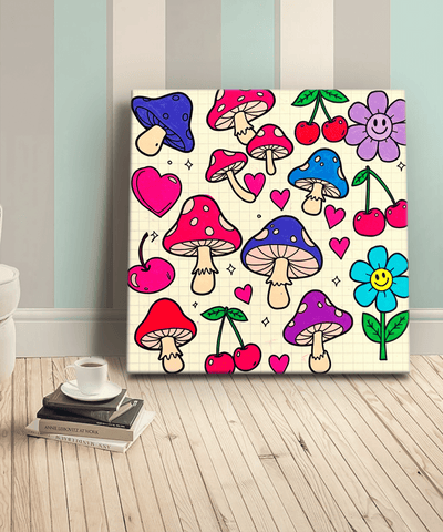 Whimsical canvas art featuring red, purple, and blue mushrooms surrounded by pink hearts, smiling flowers, and cherries. The bold doodle-style design adds a cheerful, retro pop aesthetic perfect for eclectic or playful decor spaces.