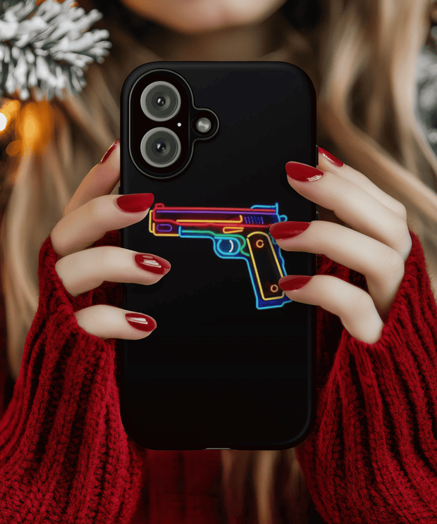 Black phone case featuring a vibrant neon outline of a handgun in rainbow colors. The glowing design contrasts sharply with the dark background, giving it a bold cyberpunk and edgy aesthetic.