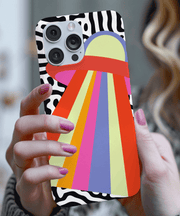 Vibrant phone case featuring a red UFO beaming rainbow-colored light over a bold black and white zebra print background. Eye-catching pop art design with retro sci-fi vibes, perfect for lovers of quirky, colorful, and space-inspired aesthetics.