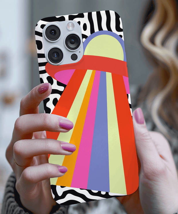 Vibrant phone case featuring a red UFO beaming rainbow-colored light over a bold black and white zebra print background. Eye-catching pop art design with retro sci-fi vibes, perfect for lovers of quirky, colorful, and space-inspired aesthetics.