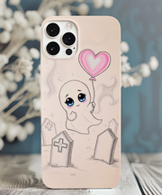Artistic phone case showing a small white ghost sitting on a colorful park bench under dark trees and a golden autumn sky. The expressive paint-splatter background adds a melancholy, indie-goth vibe perfect for art lovers and spooky-season fans.
