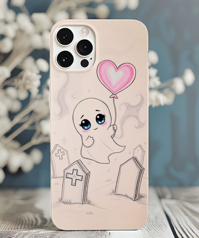 Artistic phone case showing a small white ghost sitting on a colorful park bench under dark trees and a golden autumn sky. The expressive paint-splatter background adds a melancholy, indie-goth vibe perfect for art lovers and spooky-season fans.