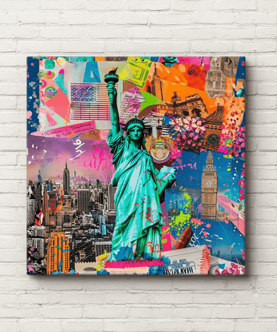 Vibrant pop art collage canvas featuring the Statue of Liberty surrounded by colorful New York City landmarks, graffiti textures, and neon splashes of pink, orange, and blue. A bold modern tribute to NYC’s energy and creativity.