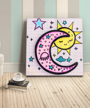 Canvas art featuring a pastel pink crescent moon hugging a smiling yellow sun surrounded by teal stars, clouds, and doodle-style accents. The playful celestial design adds a dreamy, whimsical touch perfect for cozy or boho-inspired interiors.