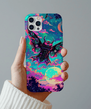 A vibrant phone case featuring a neon mothman creature with glowing pink eyes and detailed psychedelic wings flying over a colorful night sky with a crescent moon and glowing clouds in electric teal, magenta, and violet tones.