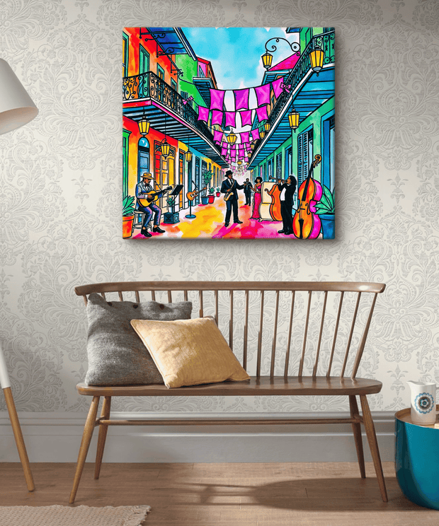Vibrant art print of a colorful New Orleans street scene with jazz musicians performing among rainbow-painted buildings, French balconies, and festive hanging banners. Captures the energy and rhythm of Louisiana’s lively French Quarter.