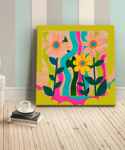 Bright retro floral canvas featuring large daisy-style flowers in pink, yellow, and orange with bold teal stems and wavy neon stripes in the background. The colorful 70s-inspired design adds a playful, mid-century modern vibe to any room decor.