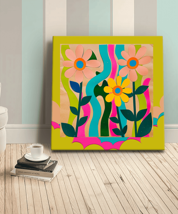 Bright retro floral canvas featuring large daisy-style flowers in pink, yellow, and orange with bold teal stems and wavy neon stripes in the background. The colorful 70s-inspired design adds a playful, mid-century modern vibe to any room decor.
