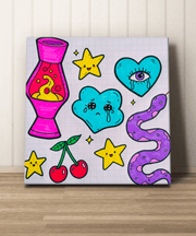 Playful pastel canvas art featuring a bright pink lava lamp, yellow smiling stars, crying cloud, cherries, and a purple squiggle, all drawn in a cute doodle notebook style. Perfect for fans of retro 90s, kawaii, and Y2K-inspired decor.