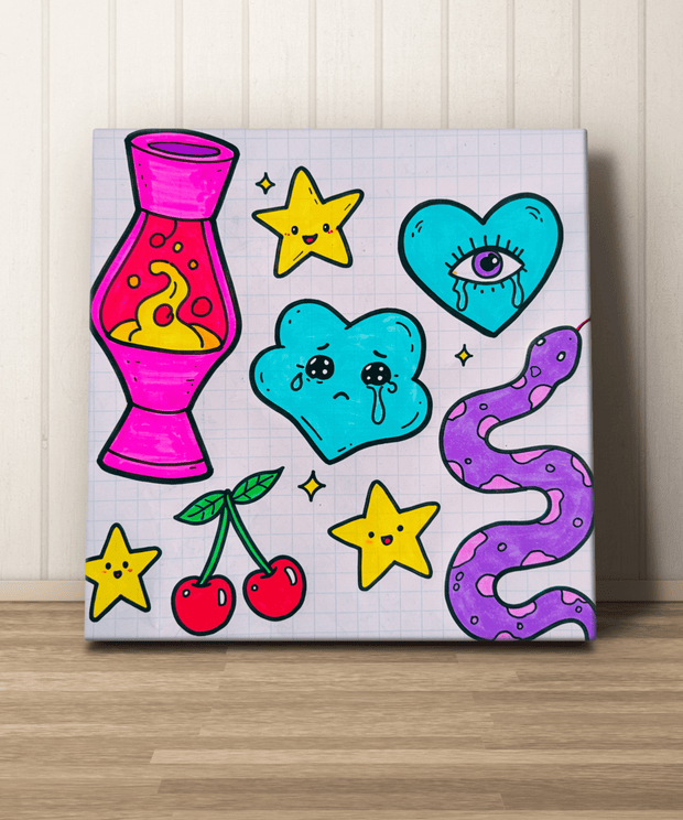 Playful pastel canvas art featuring a bright pink lava lamp, yellow smiling stars, crying cloud, cherries, and a purple squiggle, all drawn in a cute doodle notebook style. Perfect for fans of retro 90s, kawaii, and Y2K-inspired decor.