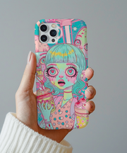 A kawaii horror diner anime girl phone case featuring a pastel-haired waitress with heart-shaped pupils, melting eyes, and neon desserts, blending cute and creepy diner-core energy in pink, teal, and yellow hues.