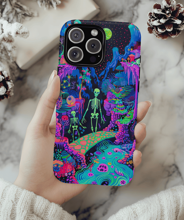 Neon Bones Fantasy Tough Phone Case | Vivid Gothic Art | Surreal Colorful Skeleton Aesthetic Cover WOYC