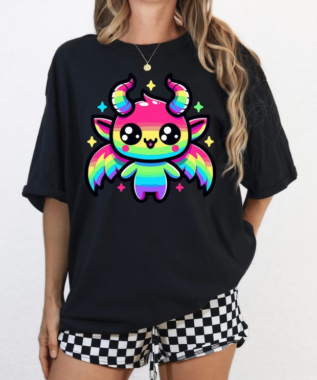 Rainbow Kawaii Baphomet Comfort Colors Tee – Cute Chaos & Pride Energy LavenderCeleste