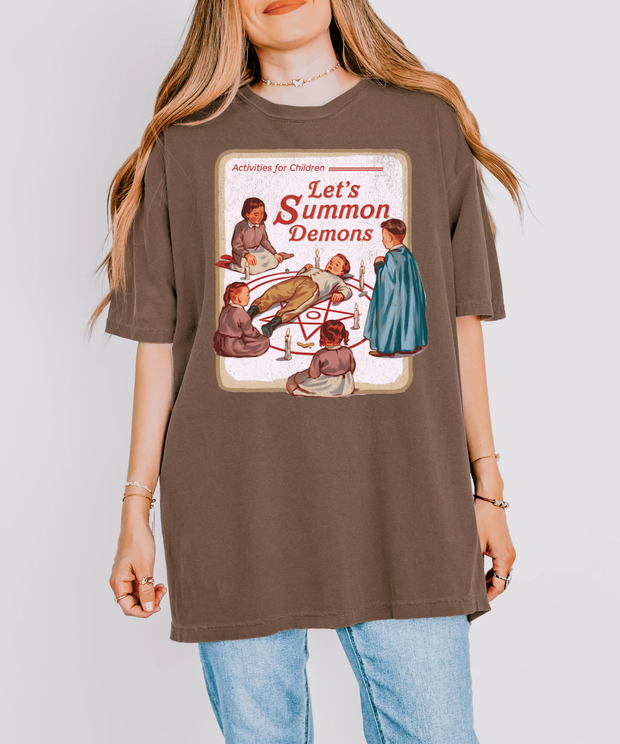 Let’s Summon Demons Retro Humor Comfort Colors Tee – Dark Vintage Parody Design