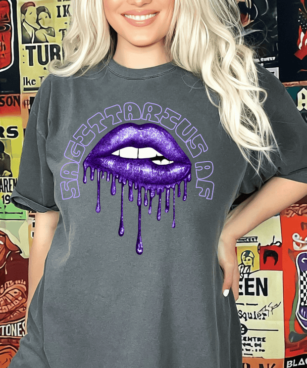 Sagittarius AF Dripping Lips Zodiac Graphic Tee LavenderCeleste