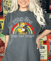 Why Not Hugs And Drugs Retro Duck Rainbow Comfort Colors Tee LavenderCeleste