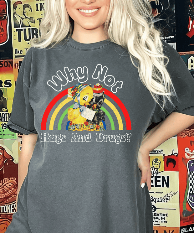 Why Not Hugs And Drugs Retro Duck Rainbow Comfort Colors Tee LavenderCeleste