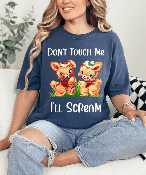Don’t Touch Me I’ll Scream Retro Bunny Comfort Colors Tee LavenderCeleste