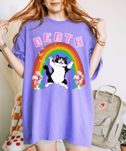 Death Cat Rainbow Comfort Colors Tee LavenderCeleste
