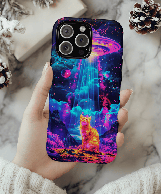 Psychedelic UFO Cat Abduction Tough Phone Case LavenderCeleste