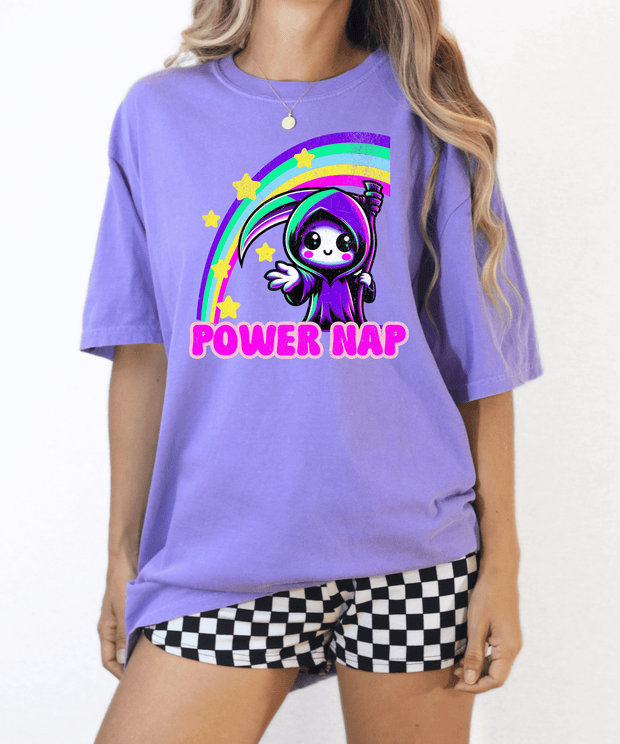 Power Nap Grim Reaper Kawaii Comfort Colors Tee LavenderCeleste