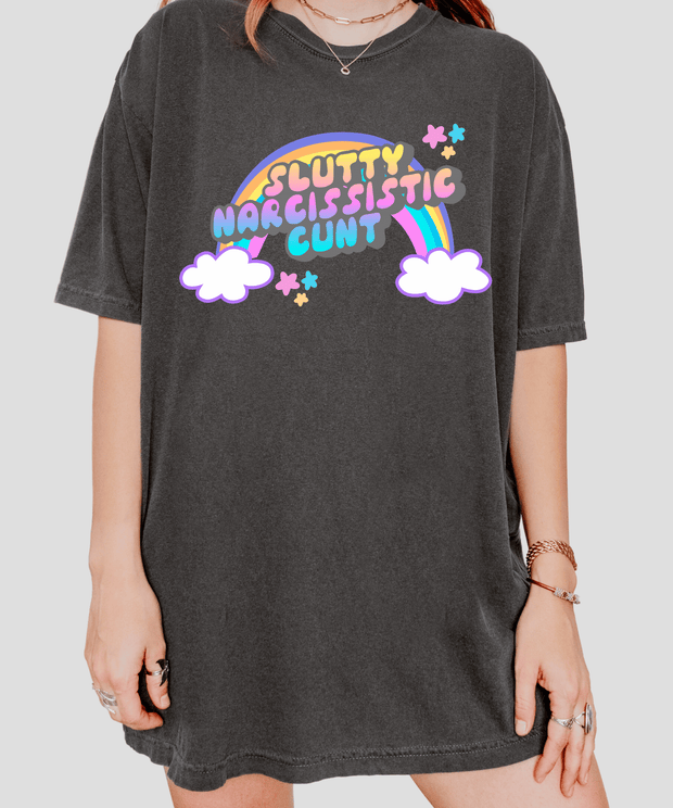 Slutty Narcissistic Cunt Rainbow Typography Comfort Colors Tee LavenderCeleste