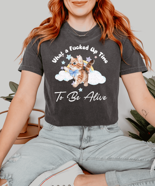 What a Fucked Up Time To Be Alive Funny Cat T-Shirt LavenderCeleste