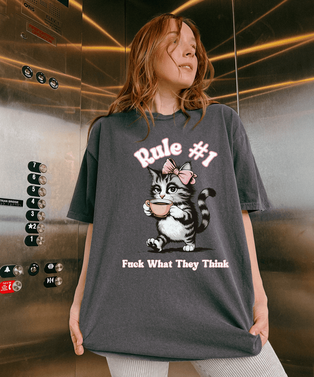 Rule #1 Fuck What They Think Sassy Cat Graphic Tee LavenderCeleste