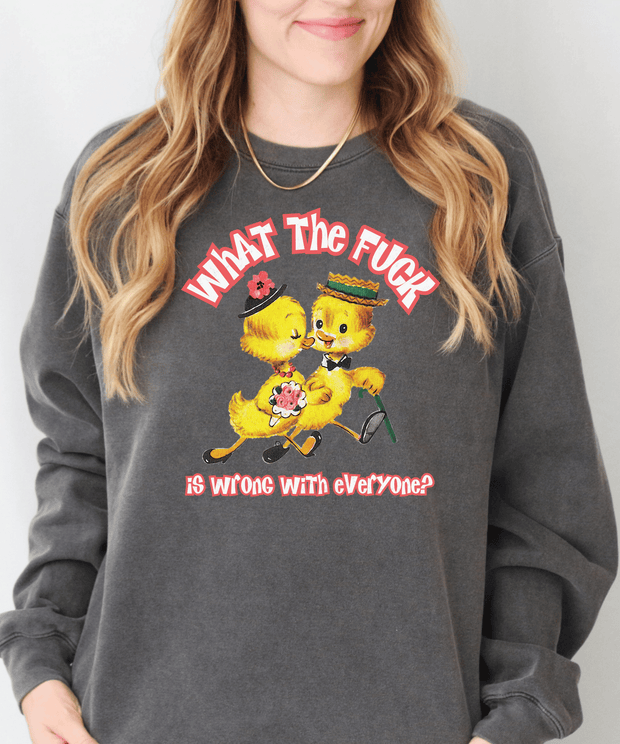 What The Fuck Is Wrong With Everyone Funny Duck Sweatshirt LavenderCeleste
