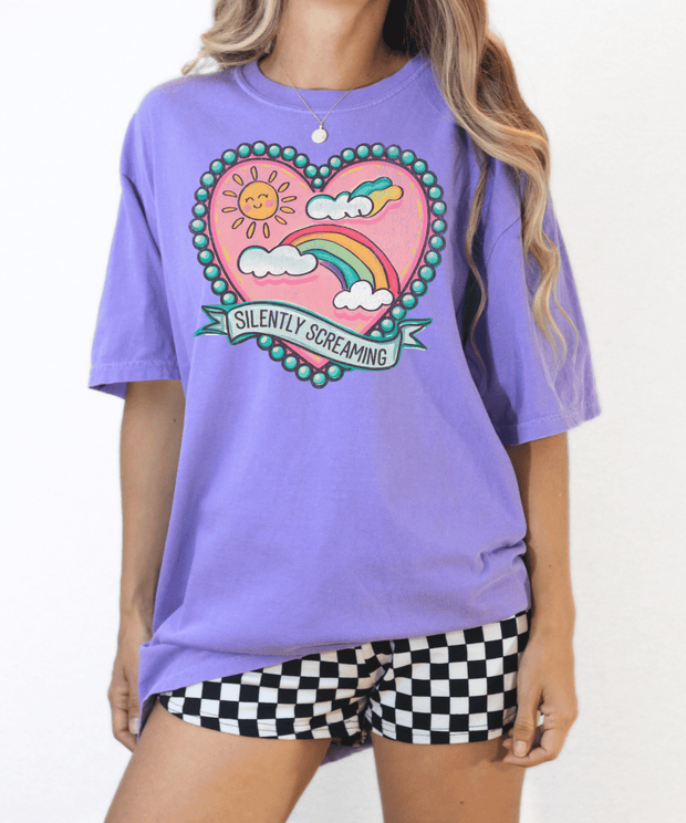 Silently Screaming Pastel Rainbow Comfort Colors Tee LavenderCeleste